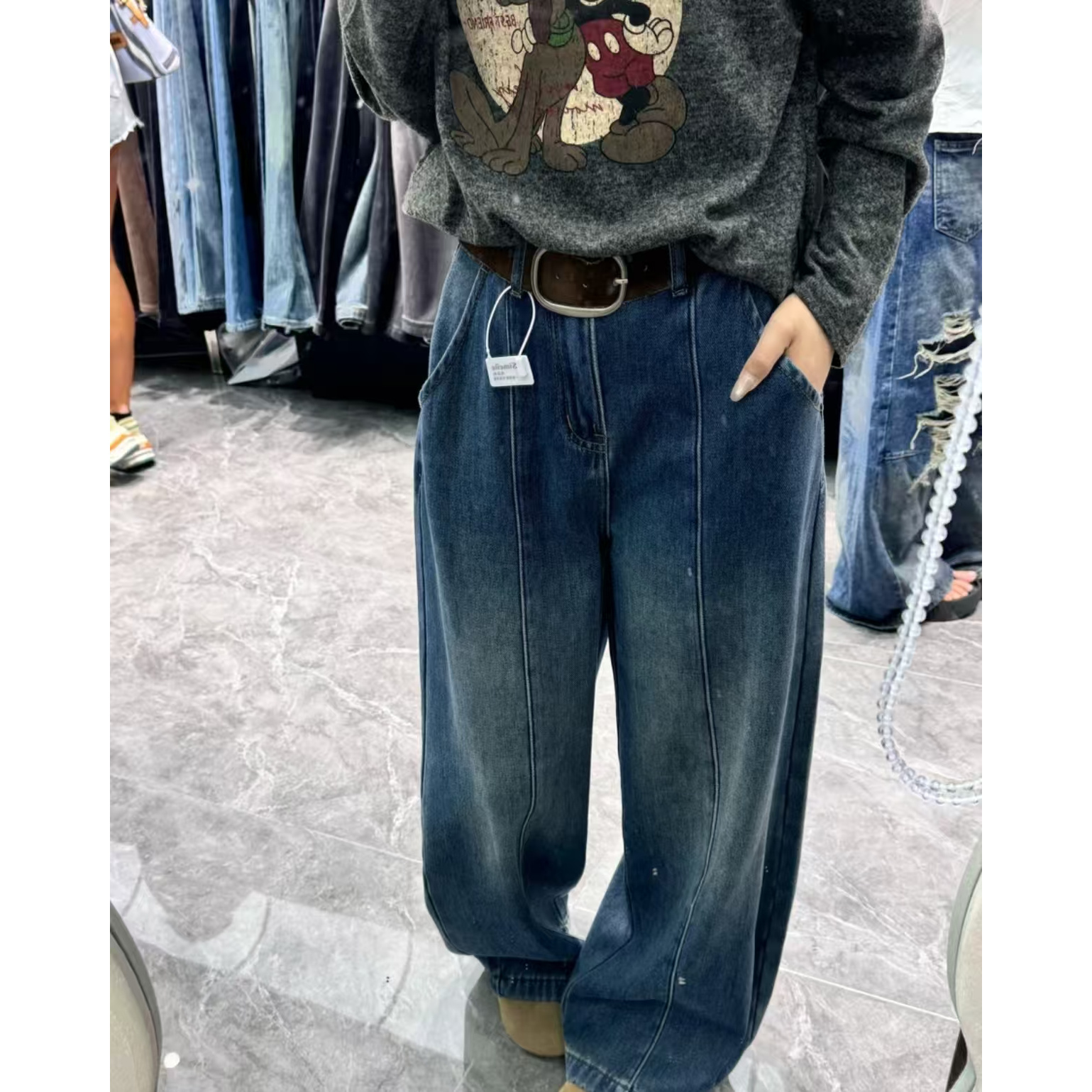 9130#女士新款加绒高腰显瘦阔腿牛仔裤女2025冬季新款85898