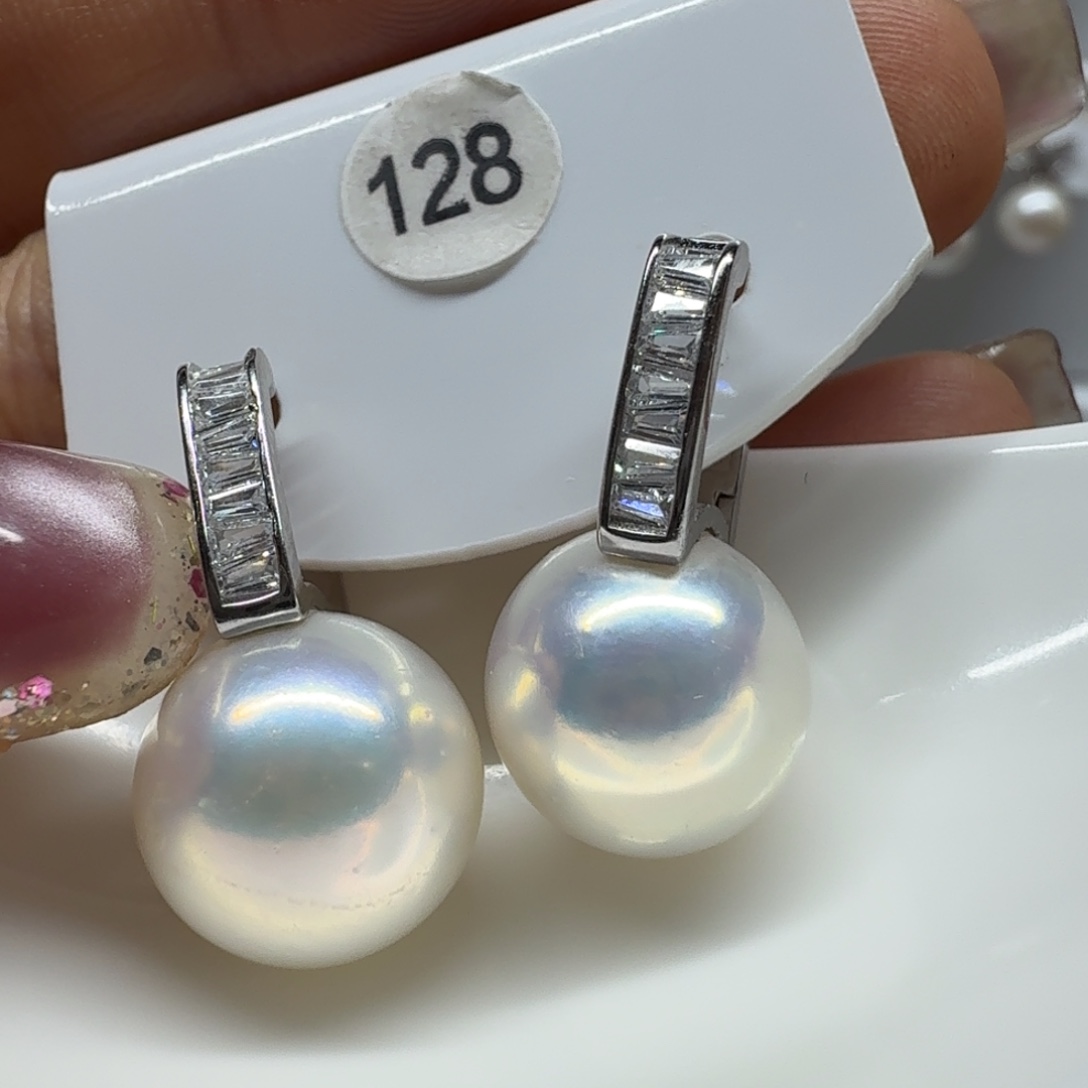 月***亮淡水珍珠耳饰银S925镶嵌珍珠12.4