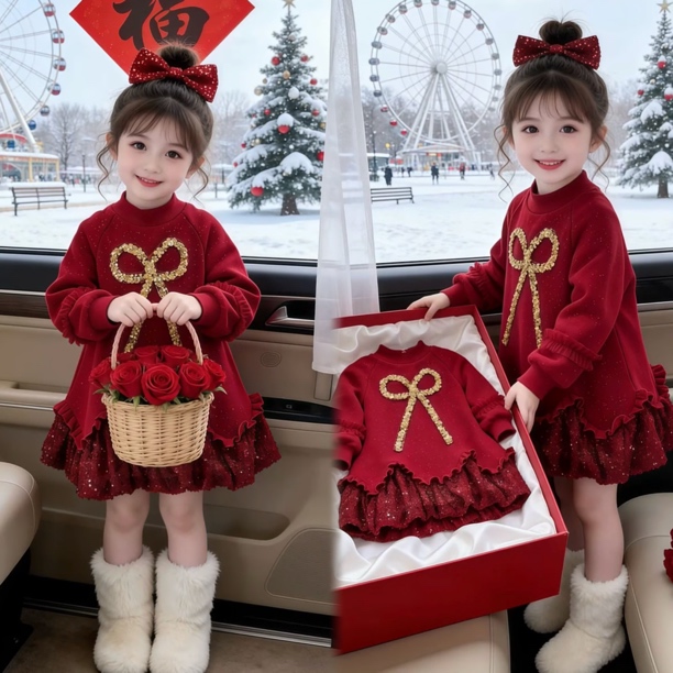 【拜年服加绒加厚】女童冬季加绒红色洋气亮片蝴蝶结拜年连衣裙洋气