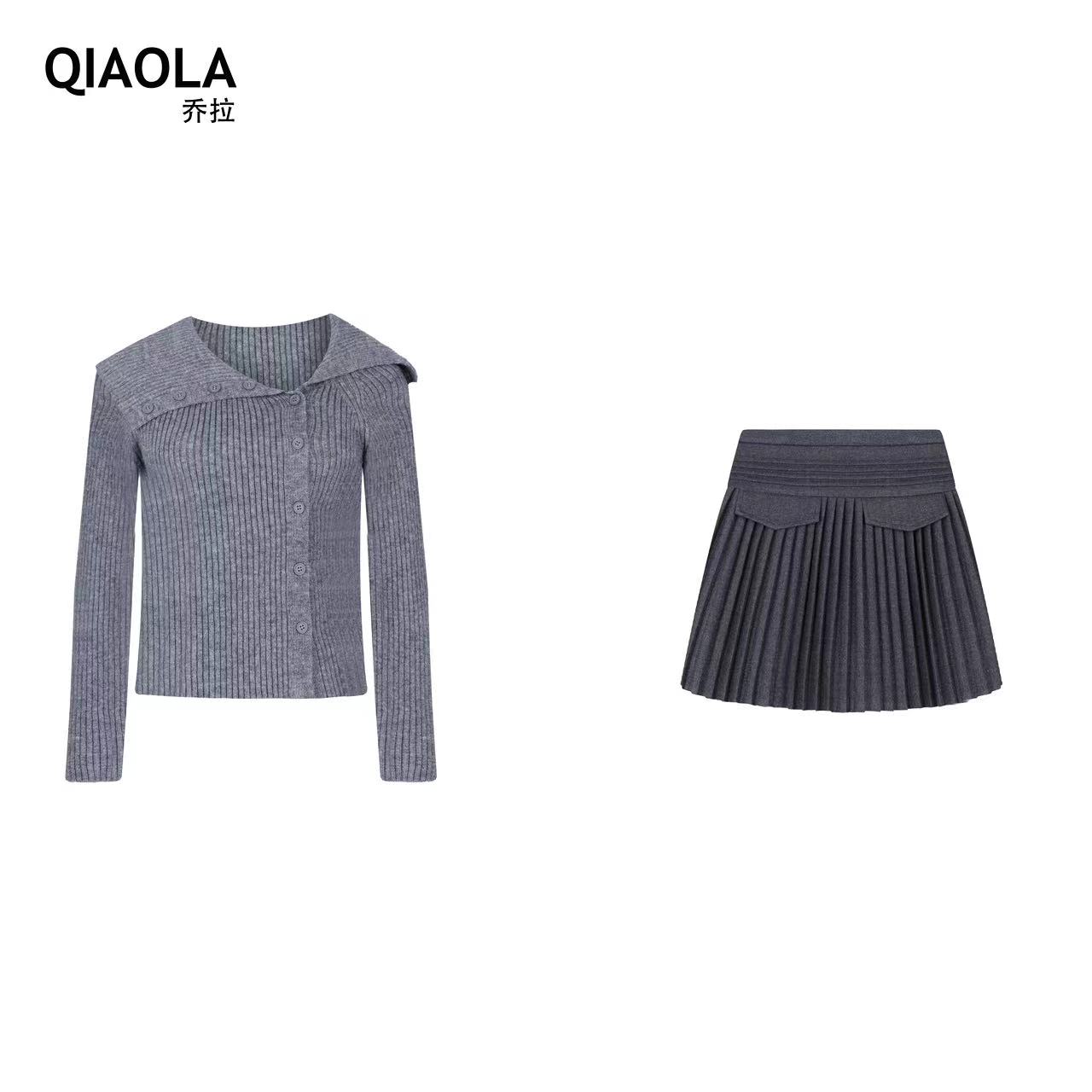 QIAOLA/乔拉【温柔沙丘】秋季新款坑条单排扣领休闲减龄时尚套装