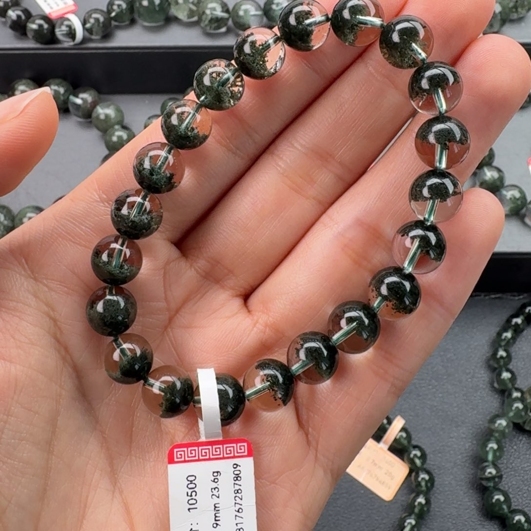 天***~手链水晶未镶嵌天然绿幽灵聚宝盆9mm