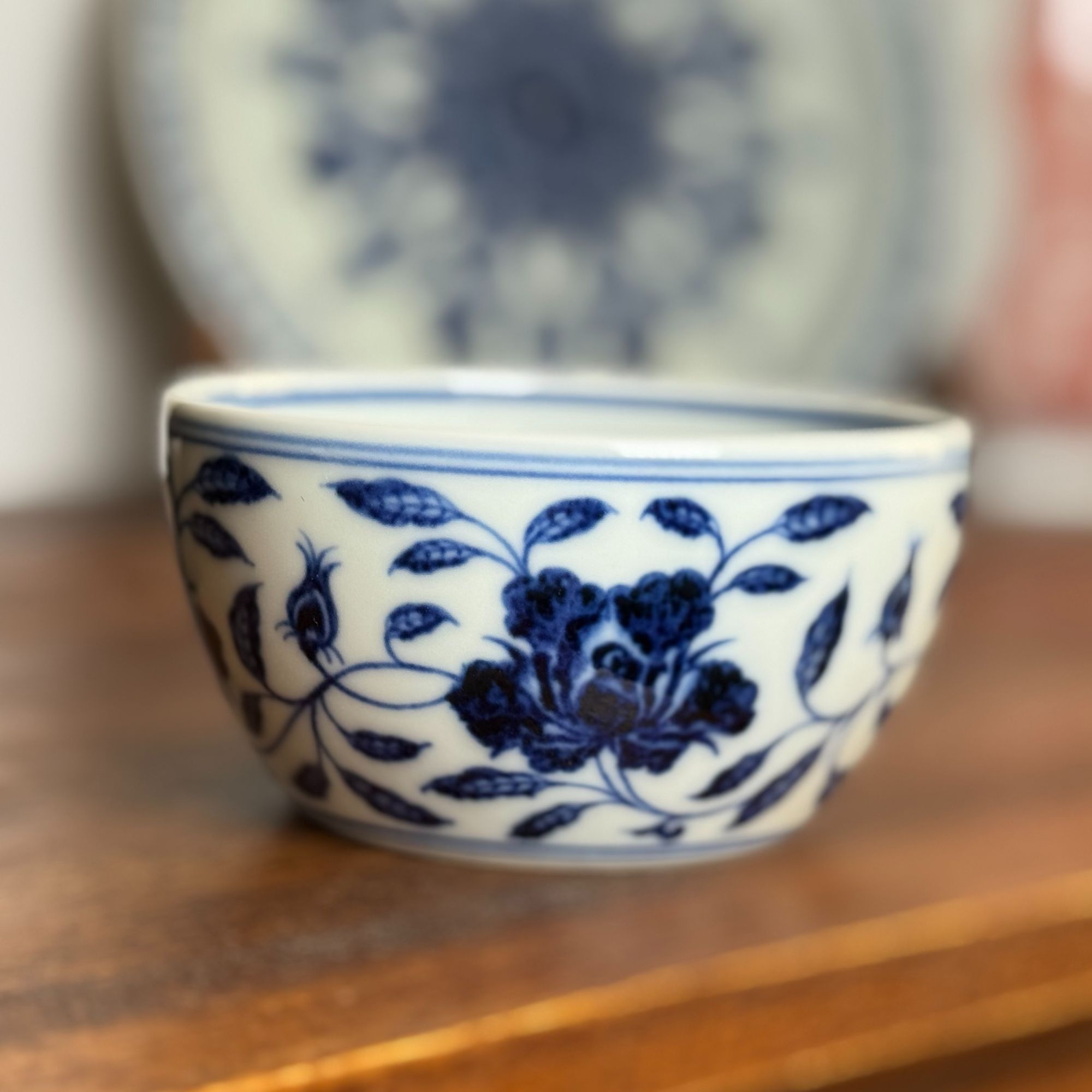复古 明风格 青花花卉系列 缠枝莲花卉山茶花 卧足杯