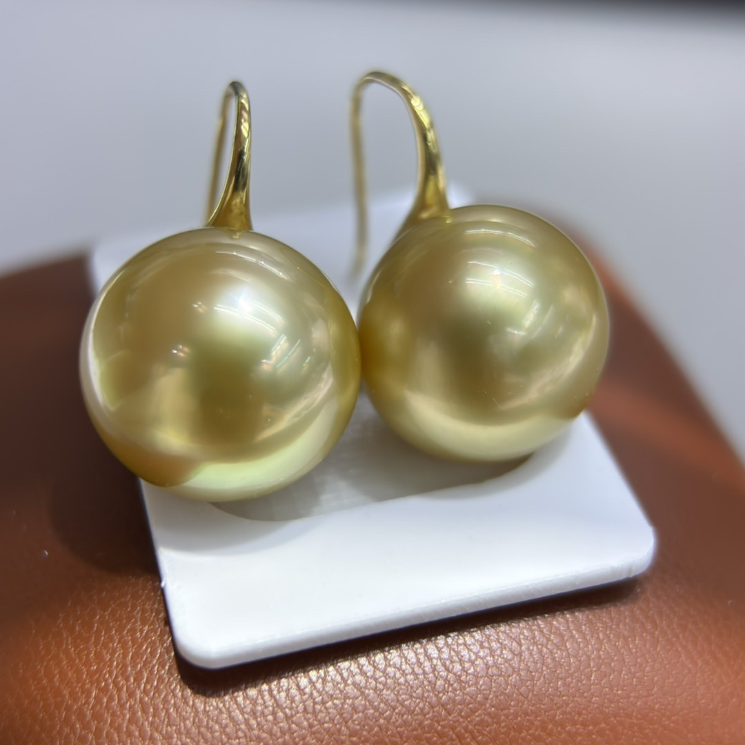 浓金18K金16.7+16.9mm南洋海水金珠高跟鞋耳钩 耳钉近正圆