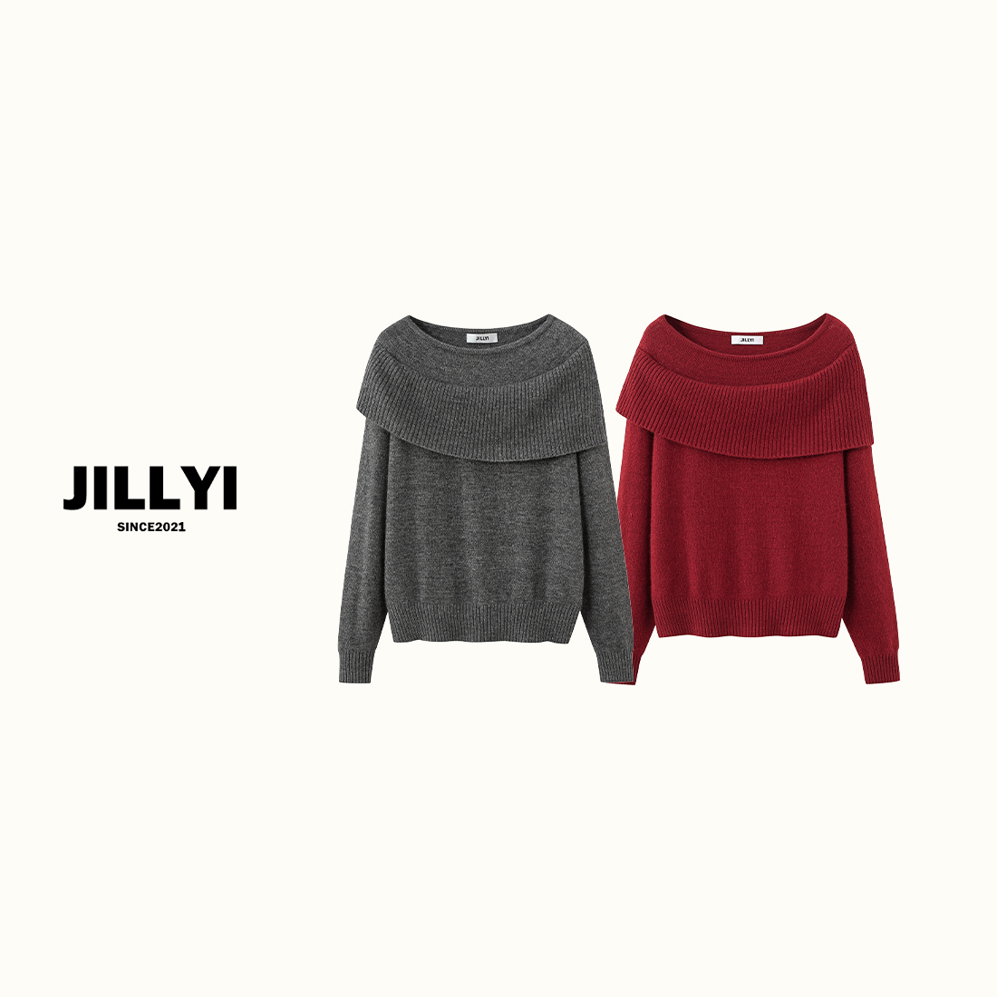 JILLYI珠海店【南法遐想】双色一字领公主气质时尚针织衫秋季纯色百