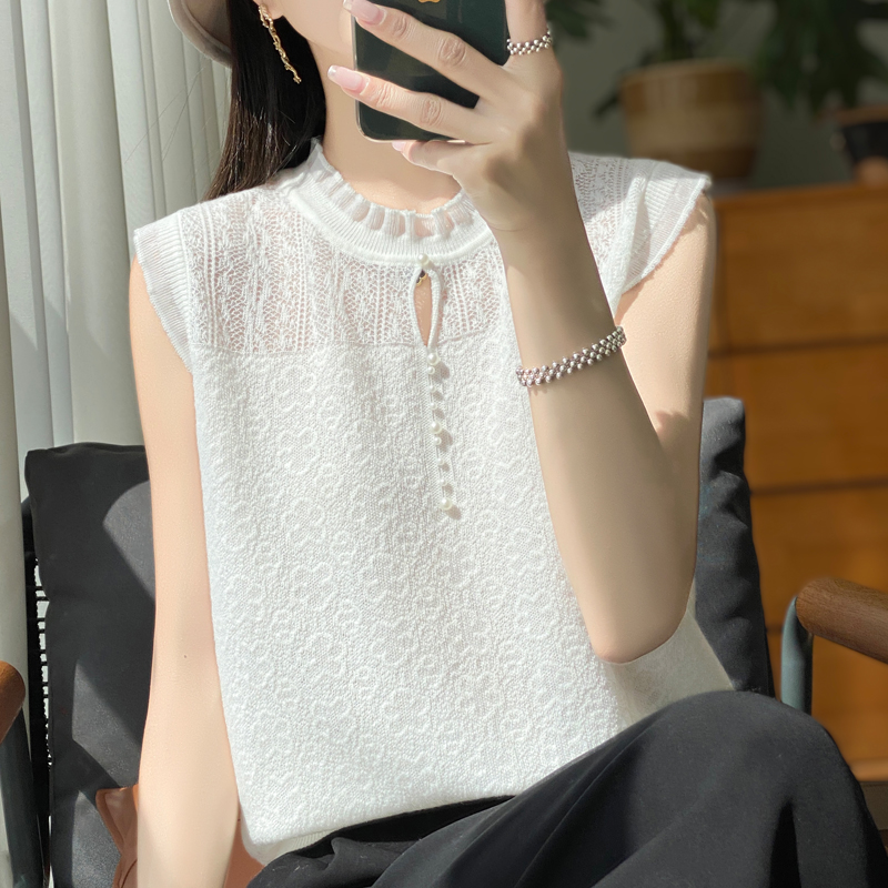 精纺羊毛蕾丝女士花朵背心时尚百搭气质洋气夏季薄款镂空无袖