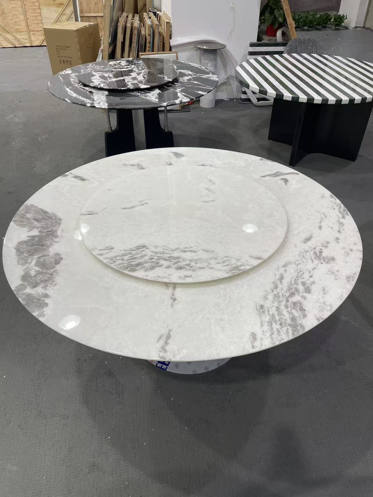 纯天然奢石芬迪白圆形树脂封釉轻奢意式餐桌极简圆桌转盘家用客厅