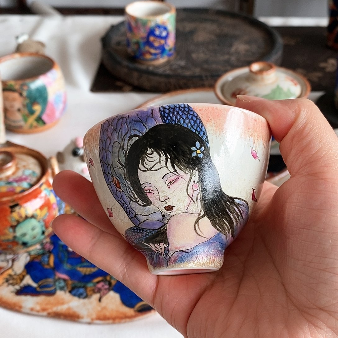 手工手绘蛇蛇茶杯瑕福利