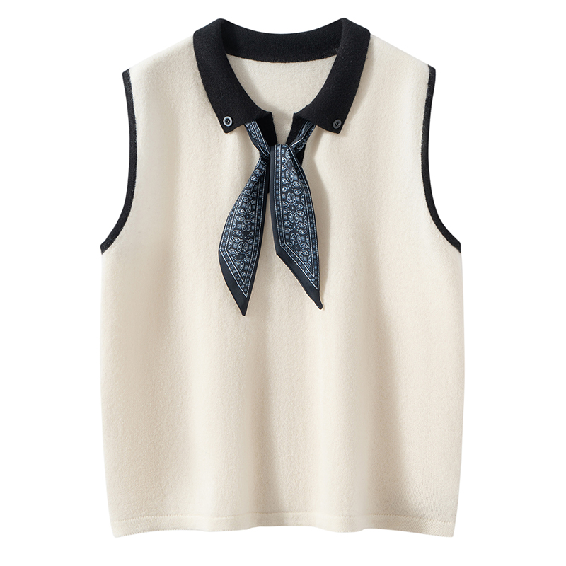 韩系100%纯山羊绒衫女POLO领无袖背心丝巾领针织拼色马甲叠穿上衣