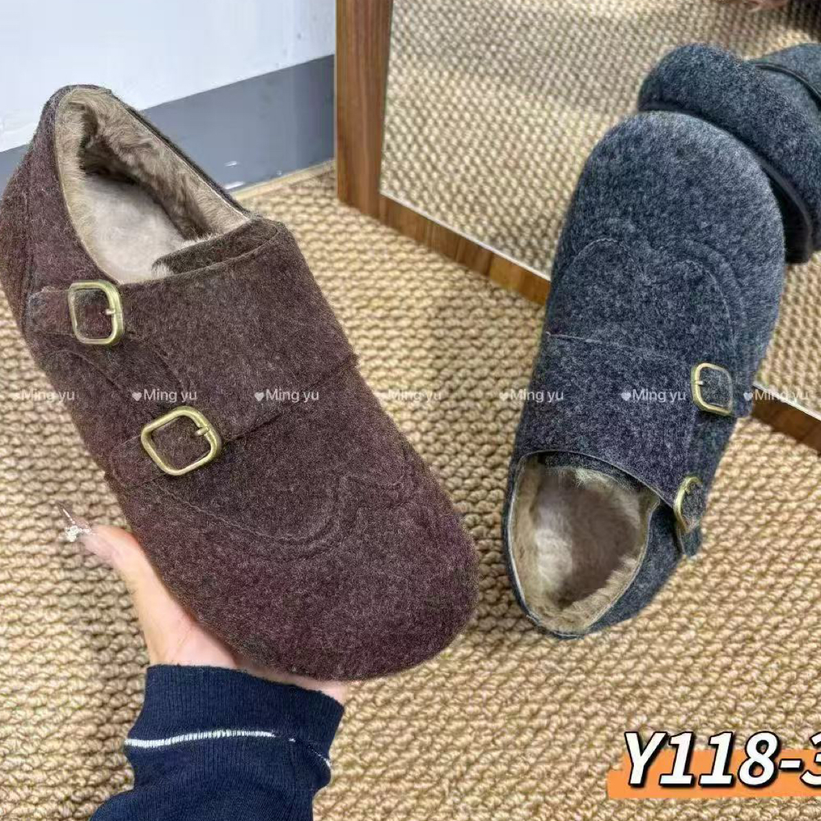 复古软底毛呢勃肯鞋女冬季新款加绒保暖内增高毛毛棉鞋休闲乐福鞋