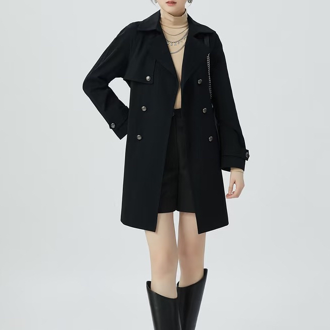 不退换 黑色经典双排扣中长款腰带气质风衣外套春秋款女