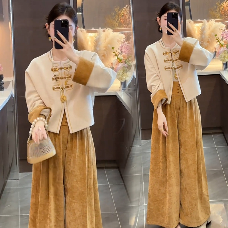 La babite新中式时尚套装女2025秋国风盘扣短外套阔腿裤两件套