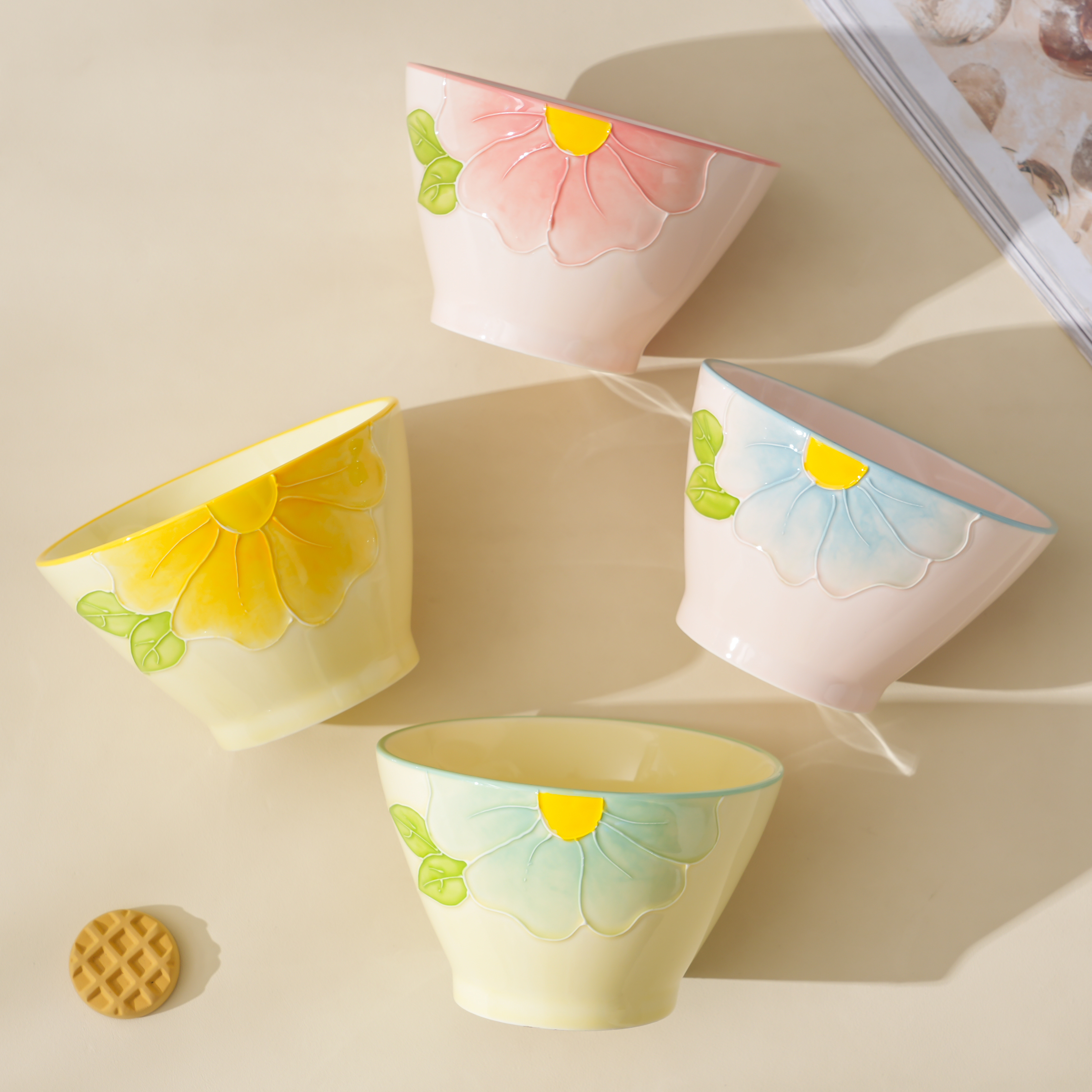 【清晨物语】混色4个装5英寸陶瓷斗笠碗小清新手绘浮雕釉下彩米饭碗