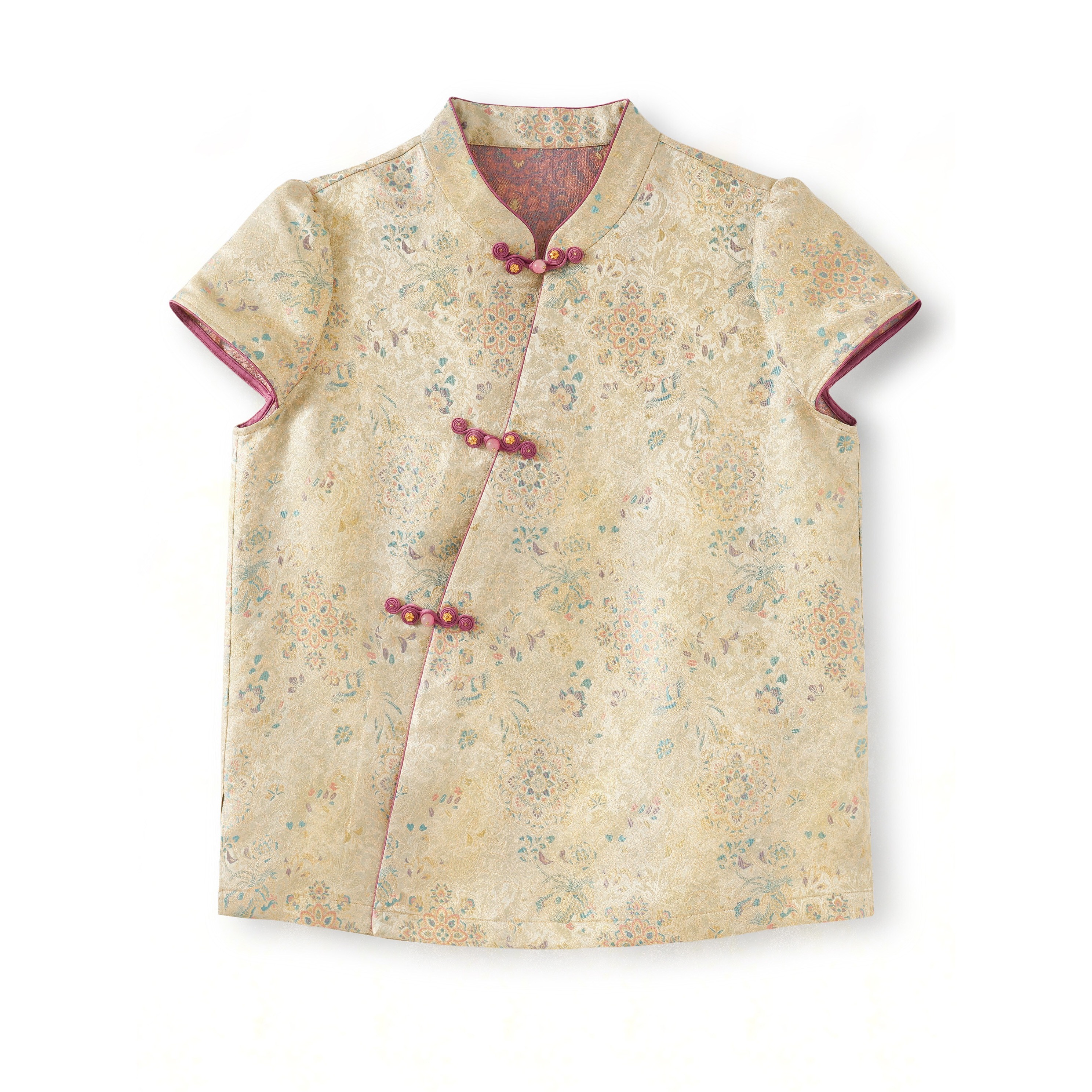 琼林-YZQS259065新中式宋锦桑蚕丝上衣中国风短袖立领气质民国风