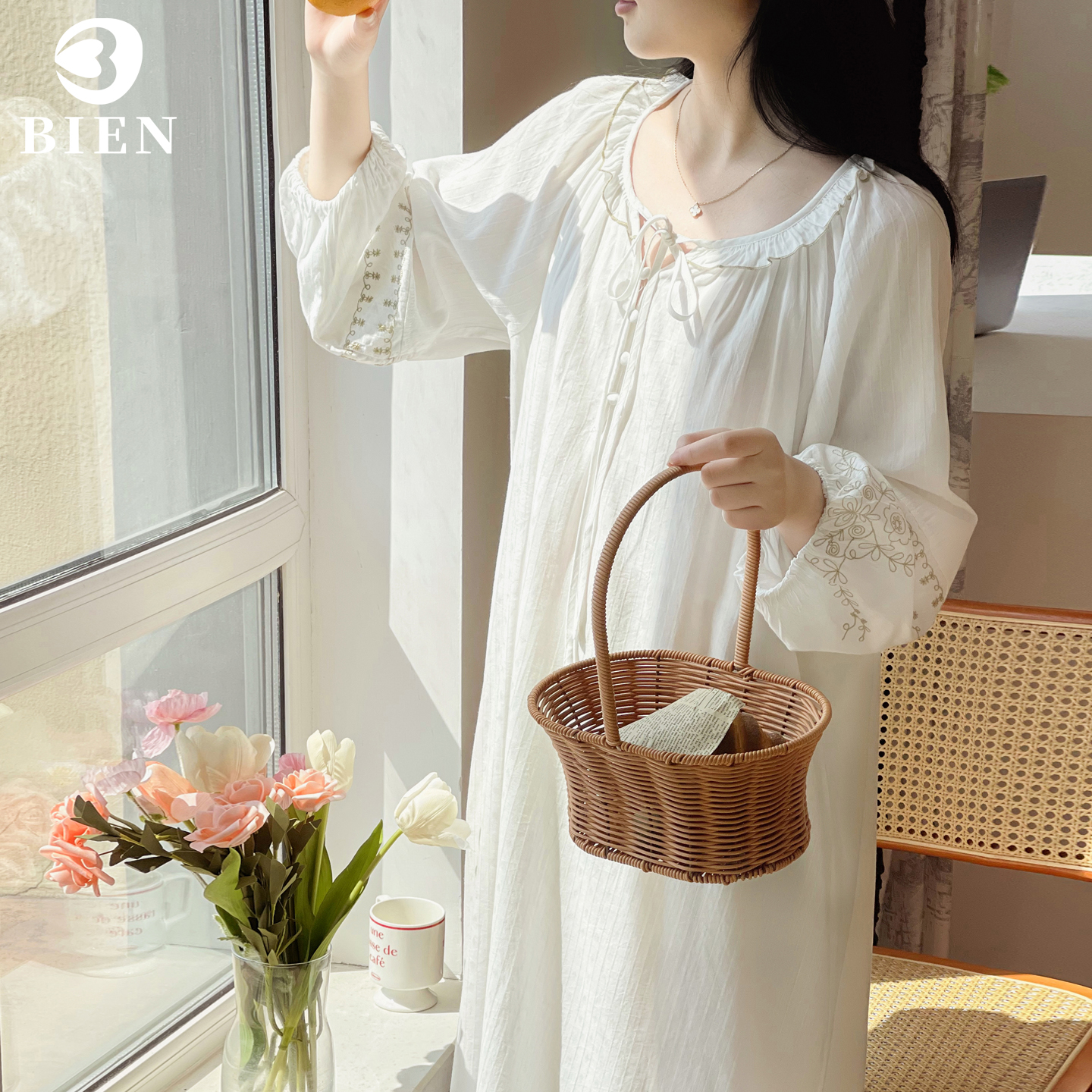 BIEN纯棉睡裙女生春秋季甜美公主宫廷风家居服法式长裙可外穿新款