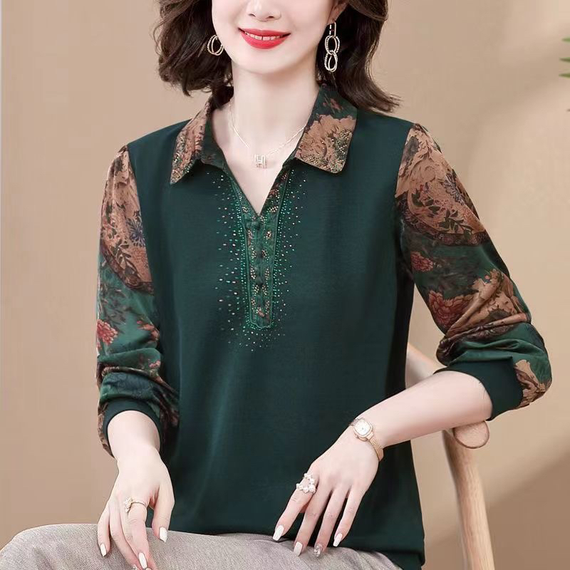 时尚妈妈装2025新款T恤洋气女翻领秋季上衣女中年打底衫显瘦小衫