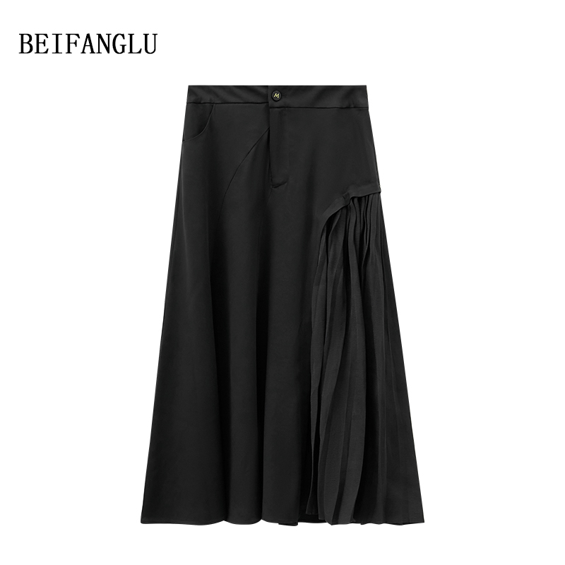 北方鹿 商场同款#法式气质设计感斜扣拼接褶皱显瘦半身裙夏17009