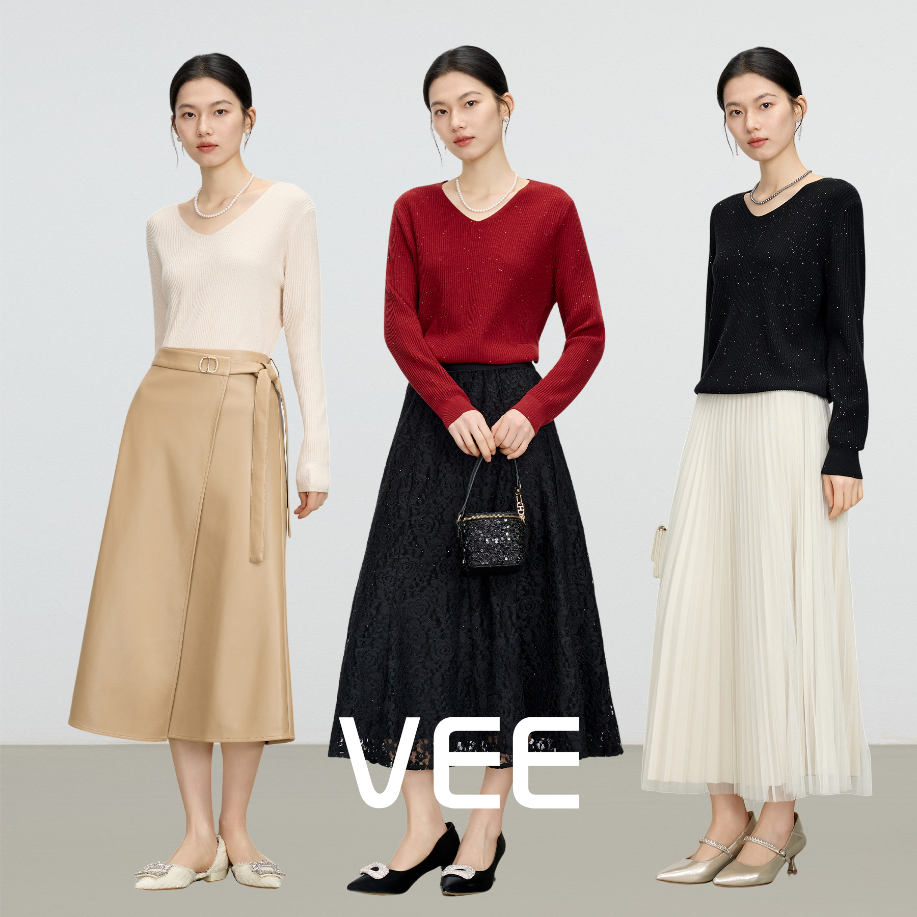 VEE【白茶月光】新款显瘦V领亮片百搭减龄针织衫