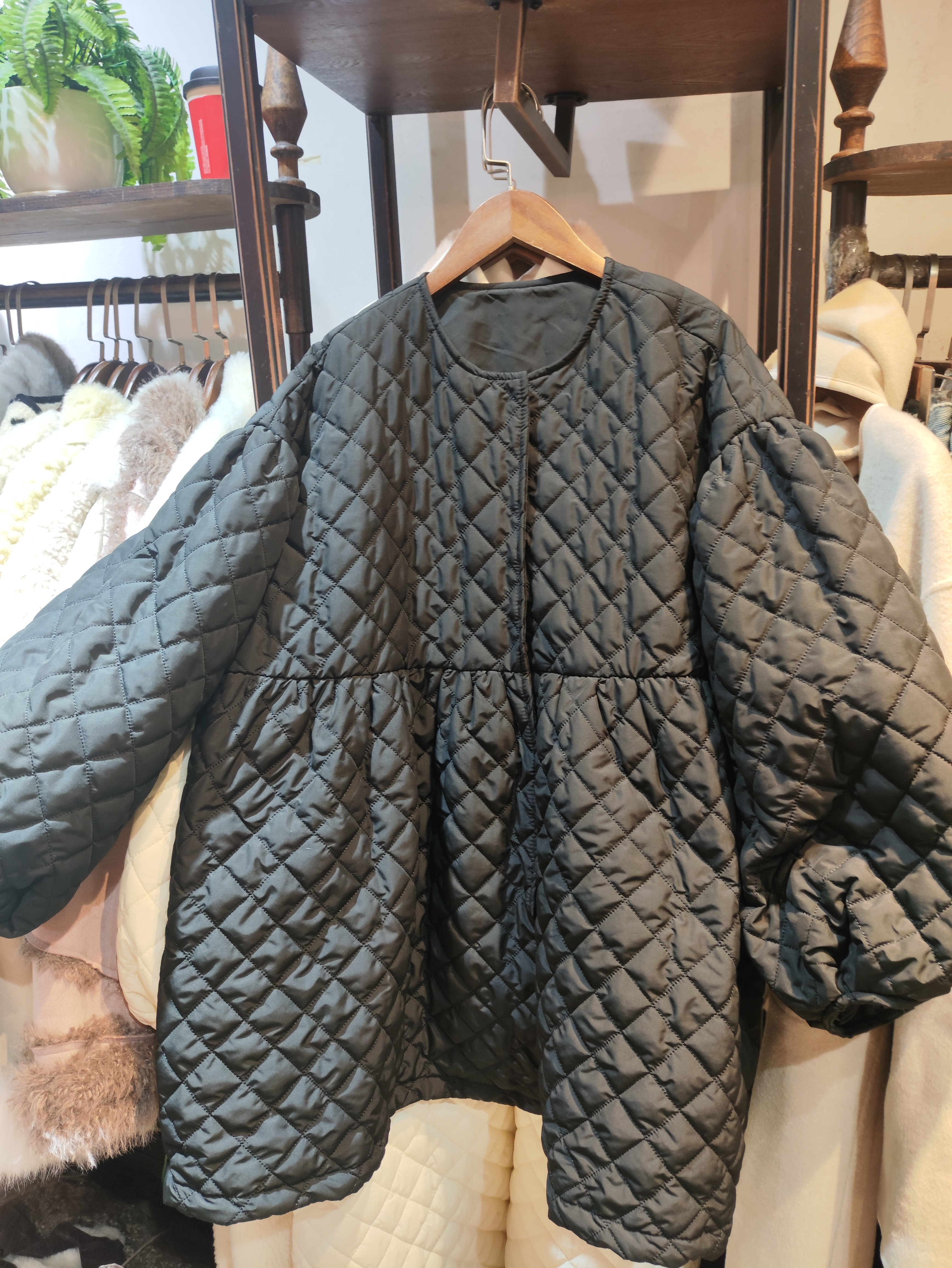 韩版宽松连帽菱格棉服女慵懒松弛风秋冬新款减龄保暖外套