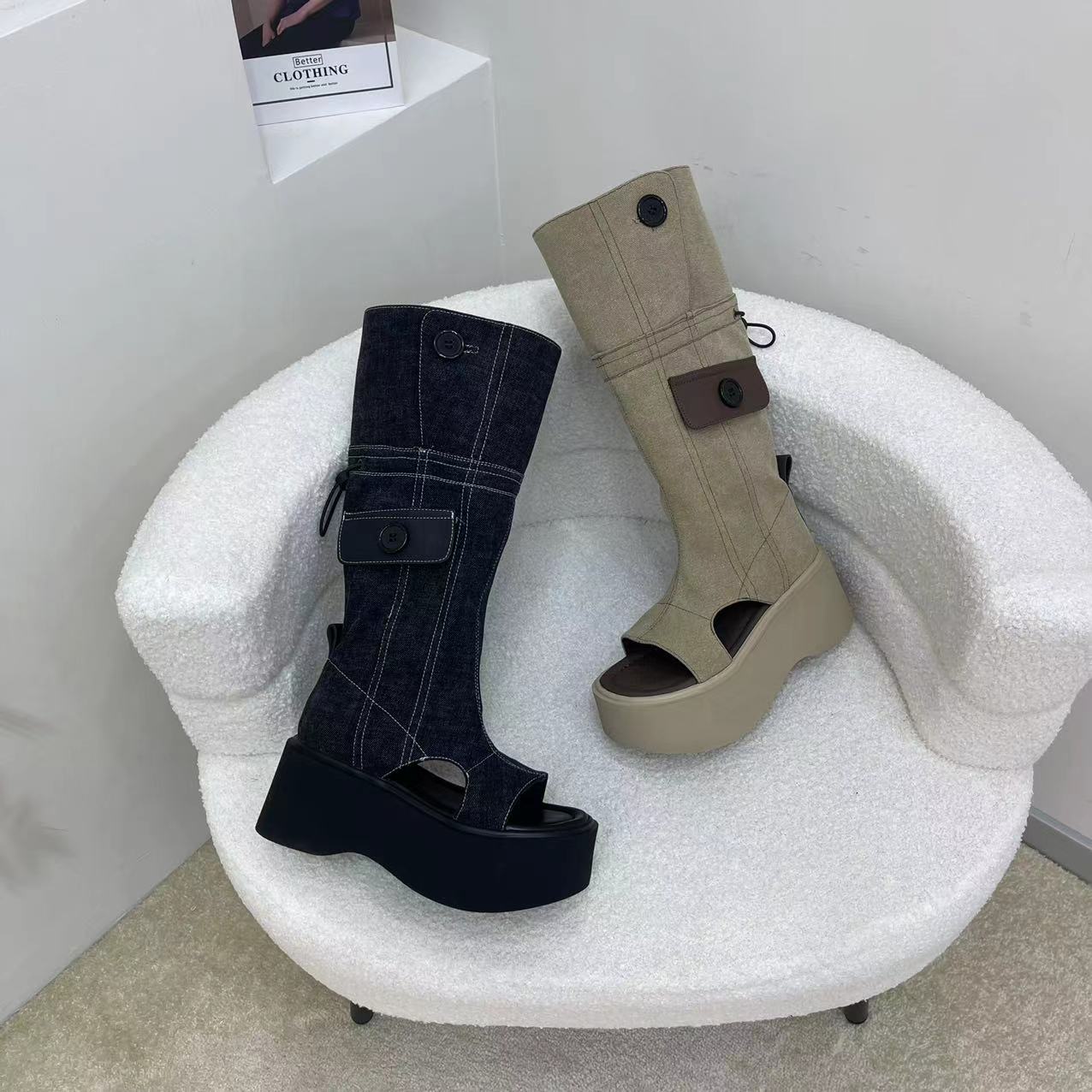 2025女鞋时尚百搭高筒靴镂空机车厚底休闲中筒圆头纽扣韩版