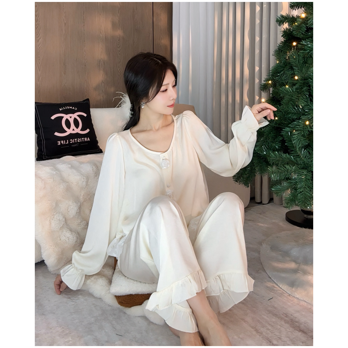 【兔儿家】女春秋季宫廷风冰丝长袖可外穿家居服睡衣套