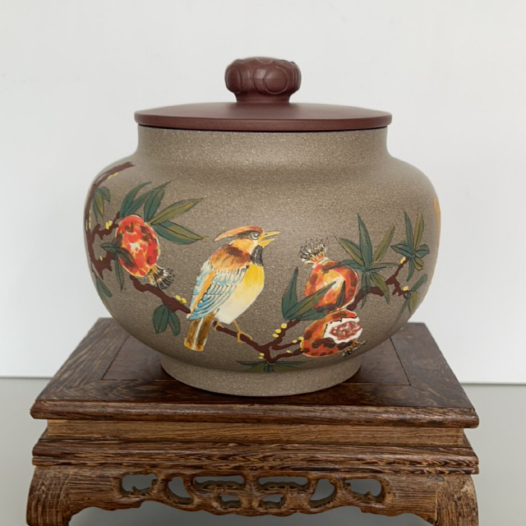 宜兴原矿紫砂高档粉浆双色泥绘醒茶存茶罐（容量400克，散茶8两装）