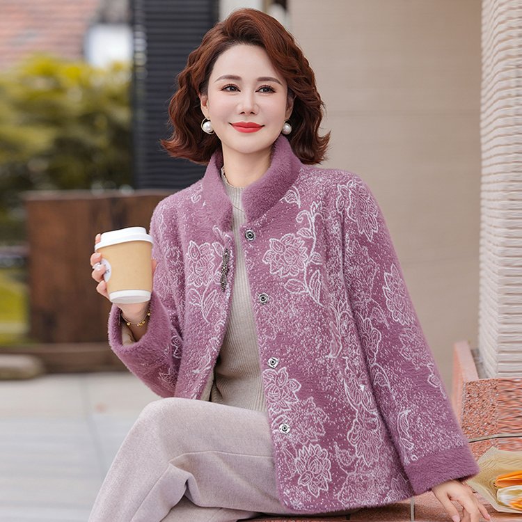 中年妈妈冬装仿水貂绒大衣新款洋气中老年女装秋冬毛呢加绒厚外套