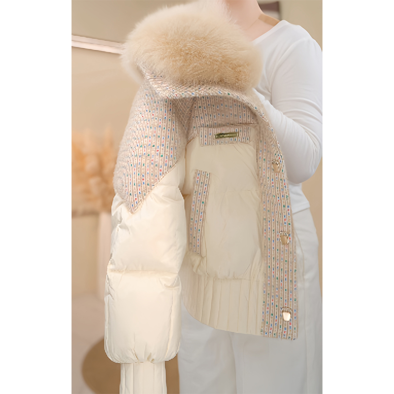 温柔保暖显瘦日常通勤都适配2026冬季小香风拼接大毛领棉服女款