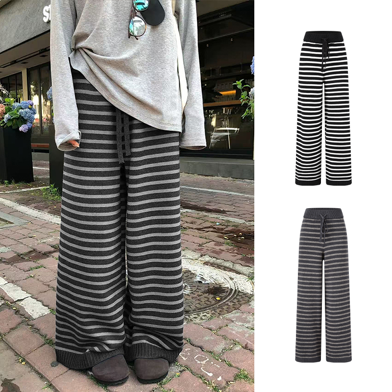 Moses Queen/魔西女王慵懒风条纹裤秋冬休闲宽松显瘦阔腿裤