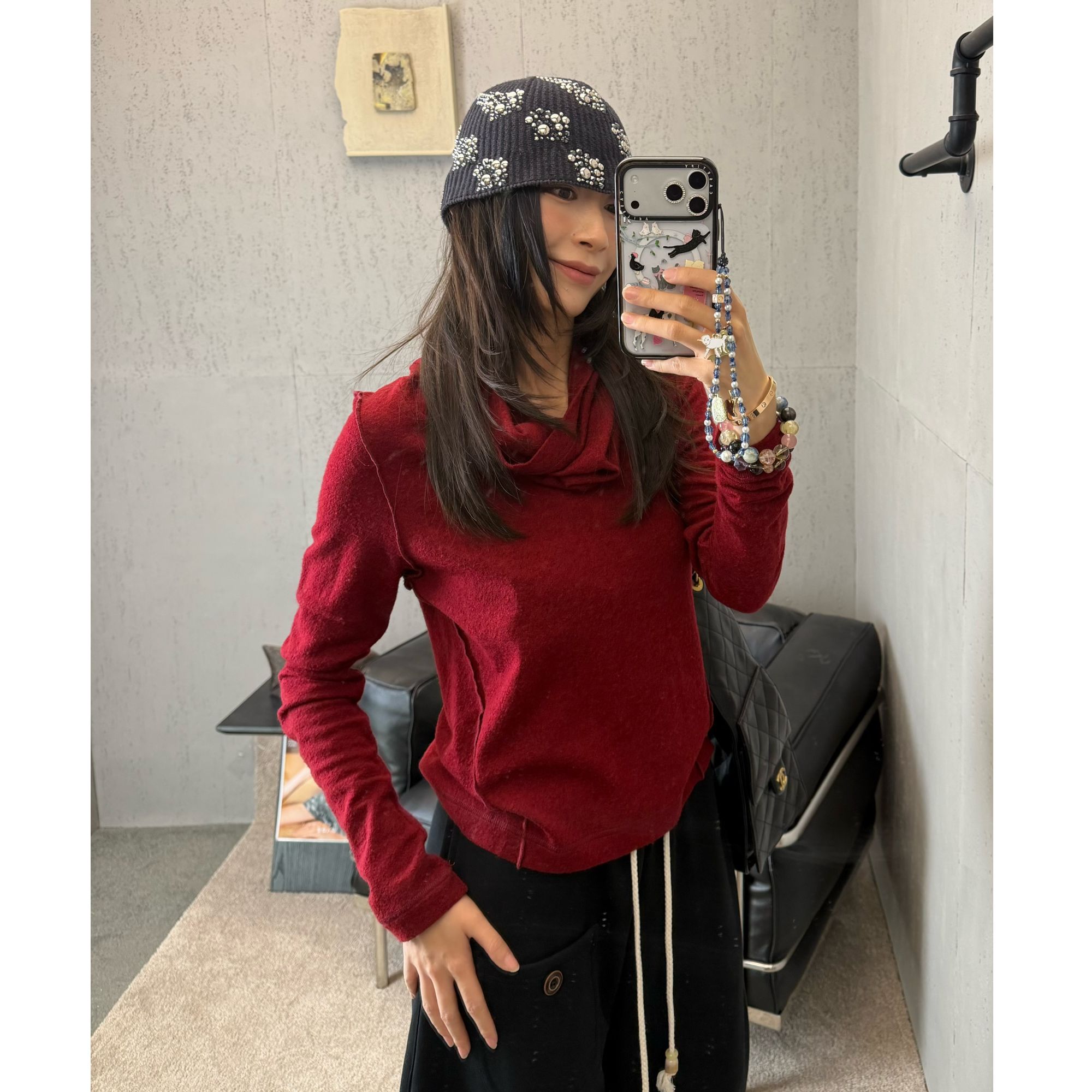 Harosey秋季新款堆堆领天丝针织上衣