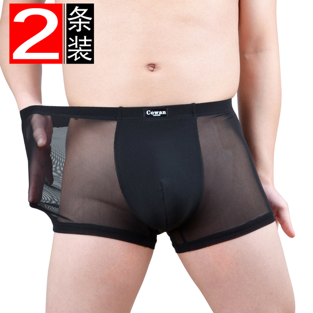 冰丝空调裤性感平角裤男蕾丝透明网纱透气速干短裤平角内裤红大码