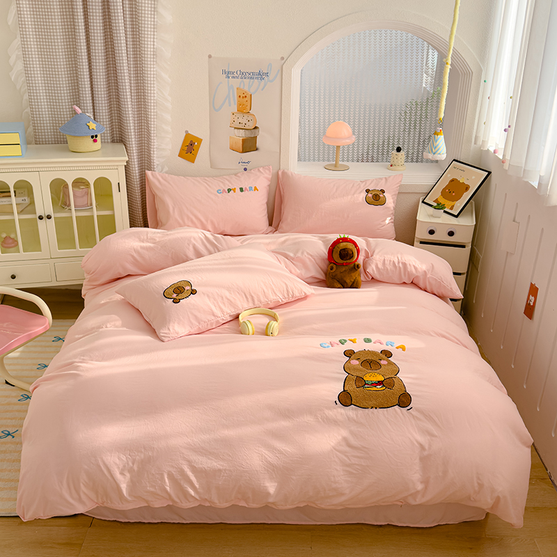 2025新款卡通毛巾绣四件套可爱女孩学生宿舍少女心-卡皮-粉（YH）