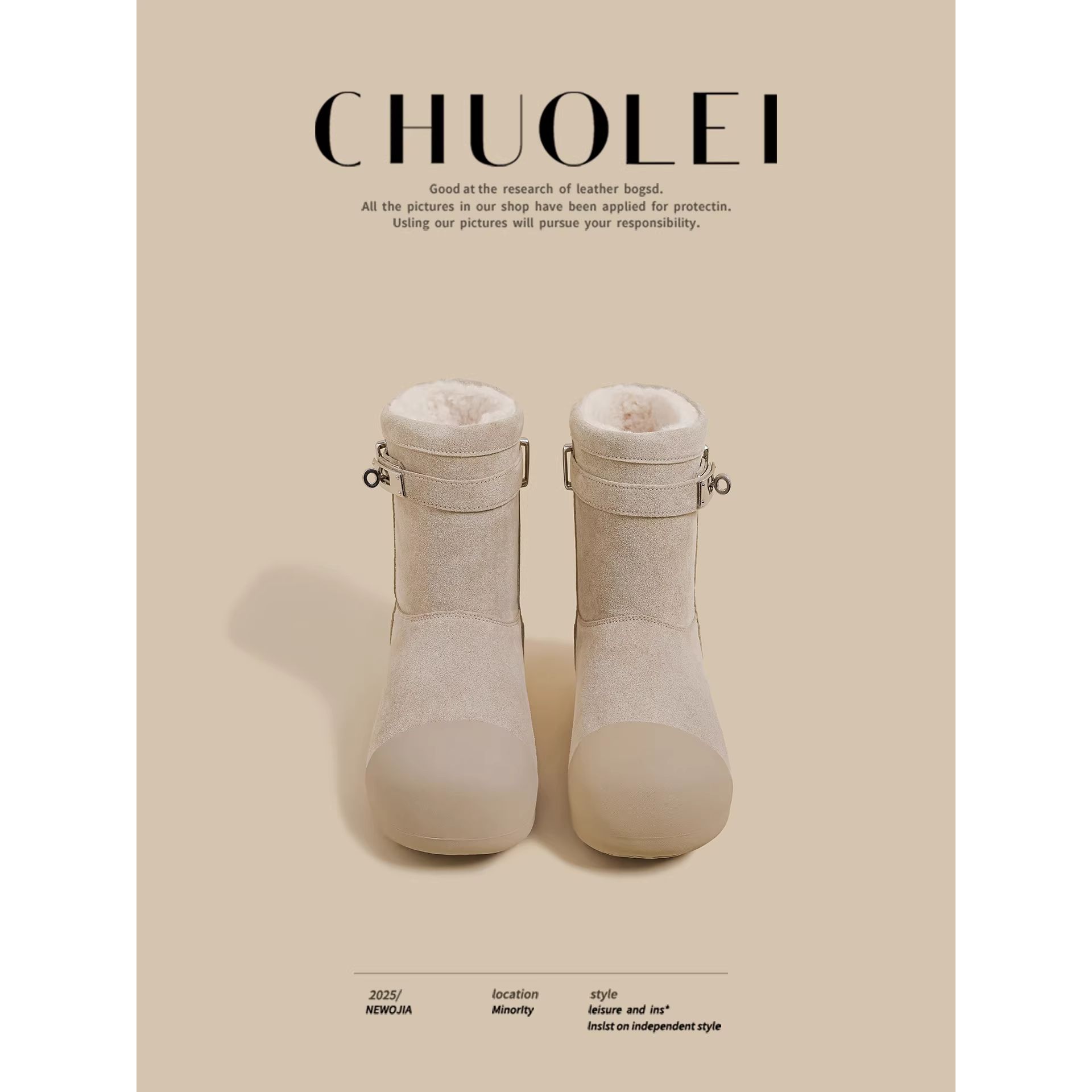 2025冬季新款厚底雪地靴女白色拼接金属扣加绒东北棉鞋加厚毛毛鞋