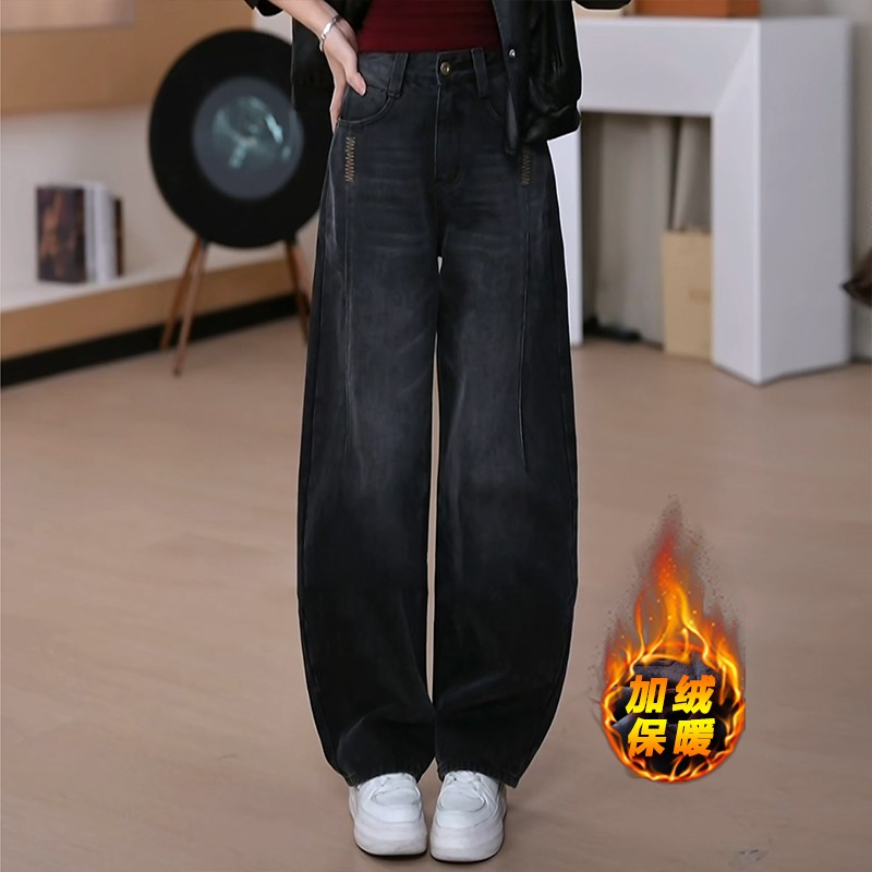 拉夏贝尔窄版弯刀牛仔裤女2025秋冬季加绒高腰显瘦刺绣镰刀阔腿裤