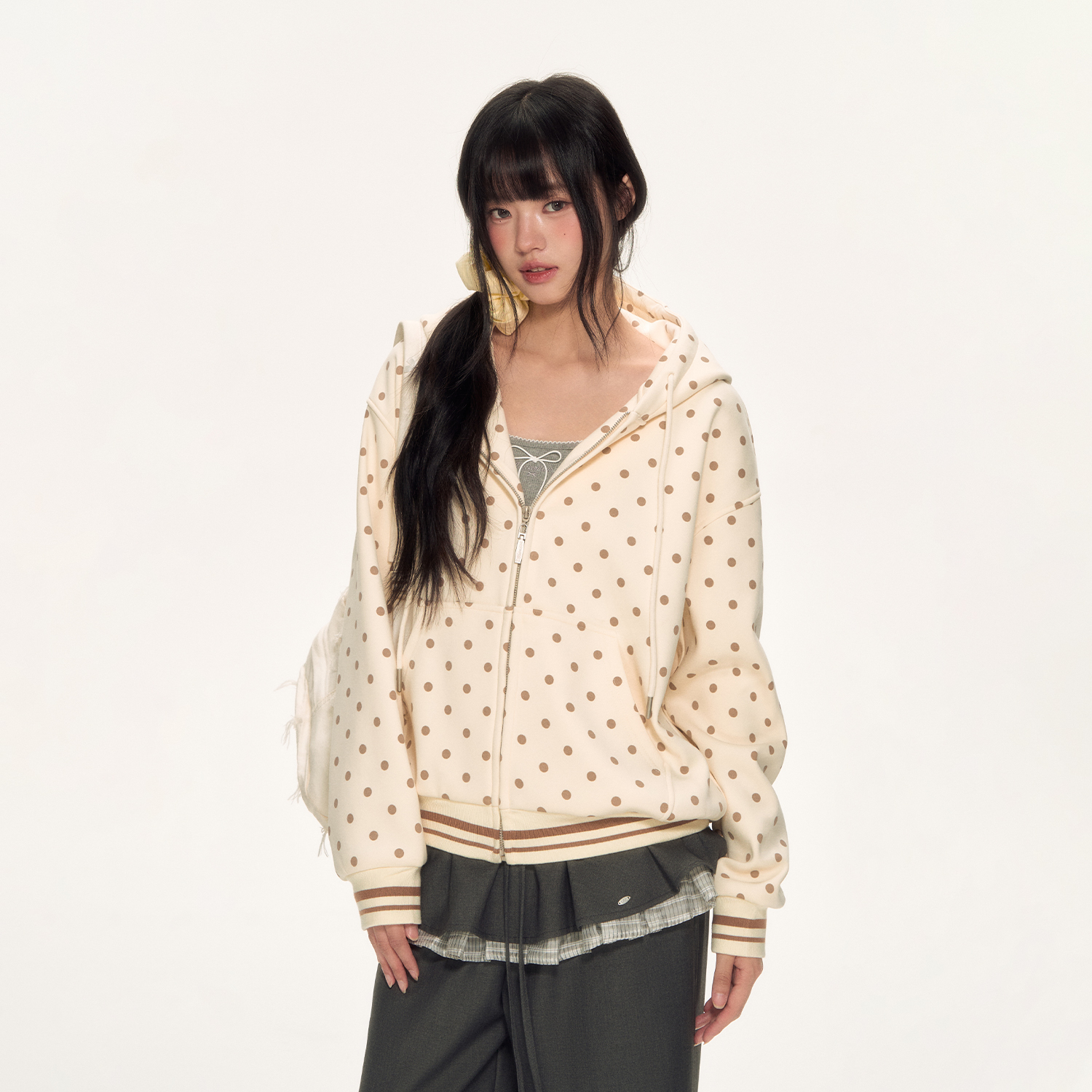 WEEKEND HUB美式复古波点卫衣女2025新款小个子百搭连帽外套减龄