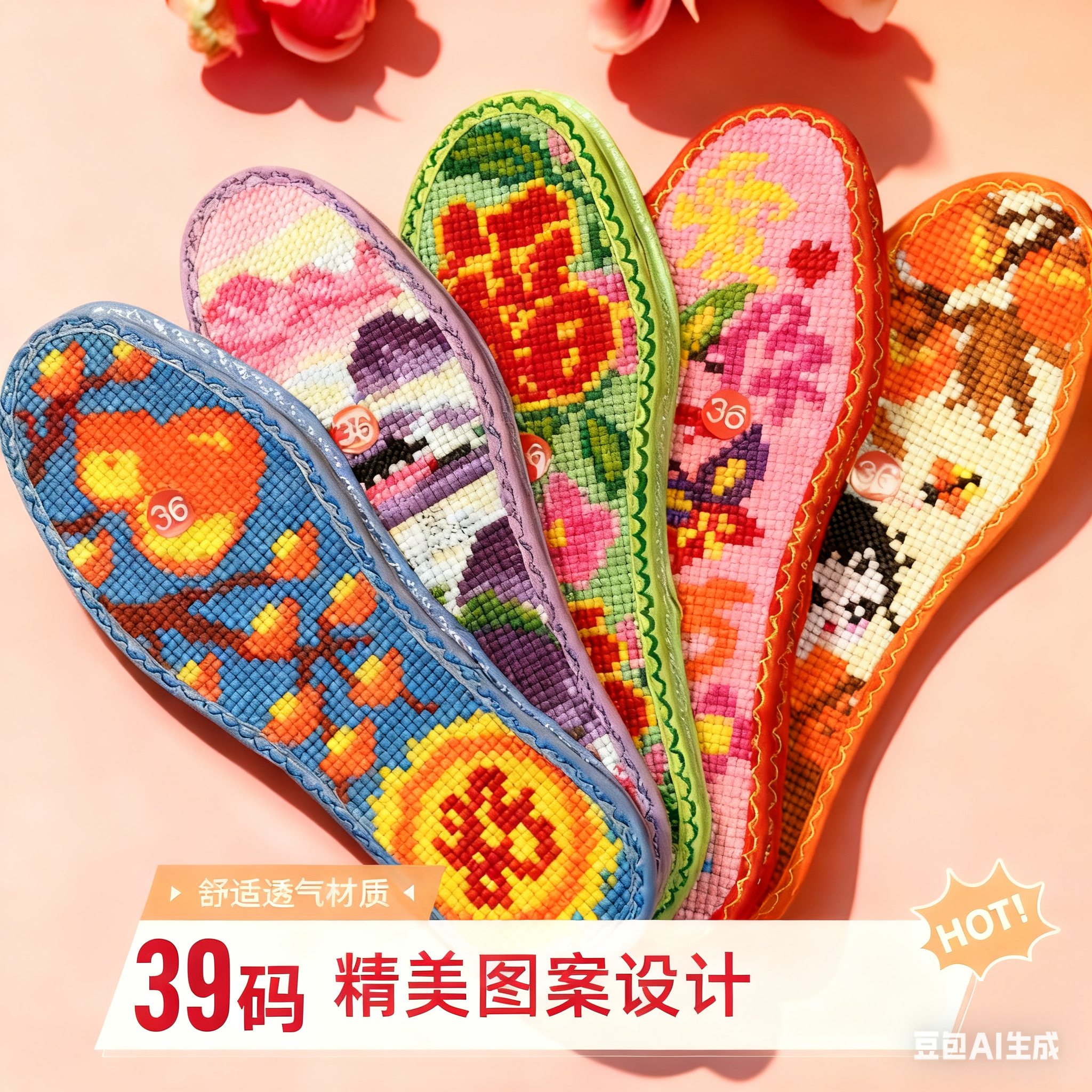 【39码棉布】花边成品舒适透气纯棉十字绣鞋垫吸汗手工