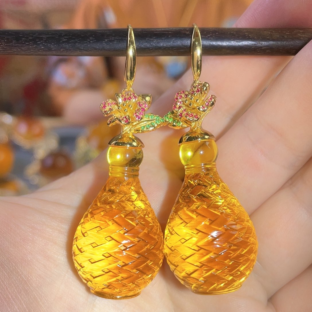 琥珀耳环银S925镀金镶嵌22.9克