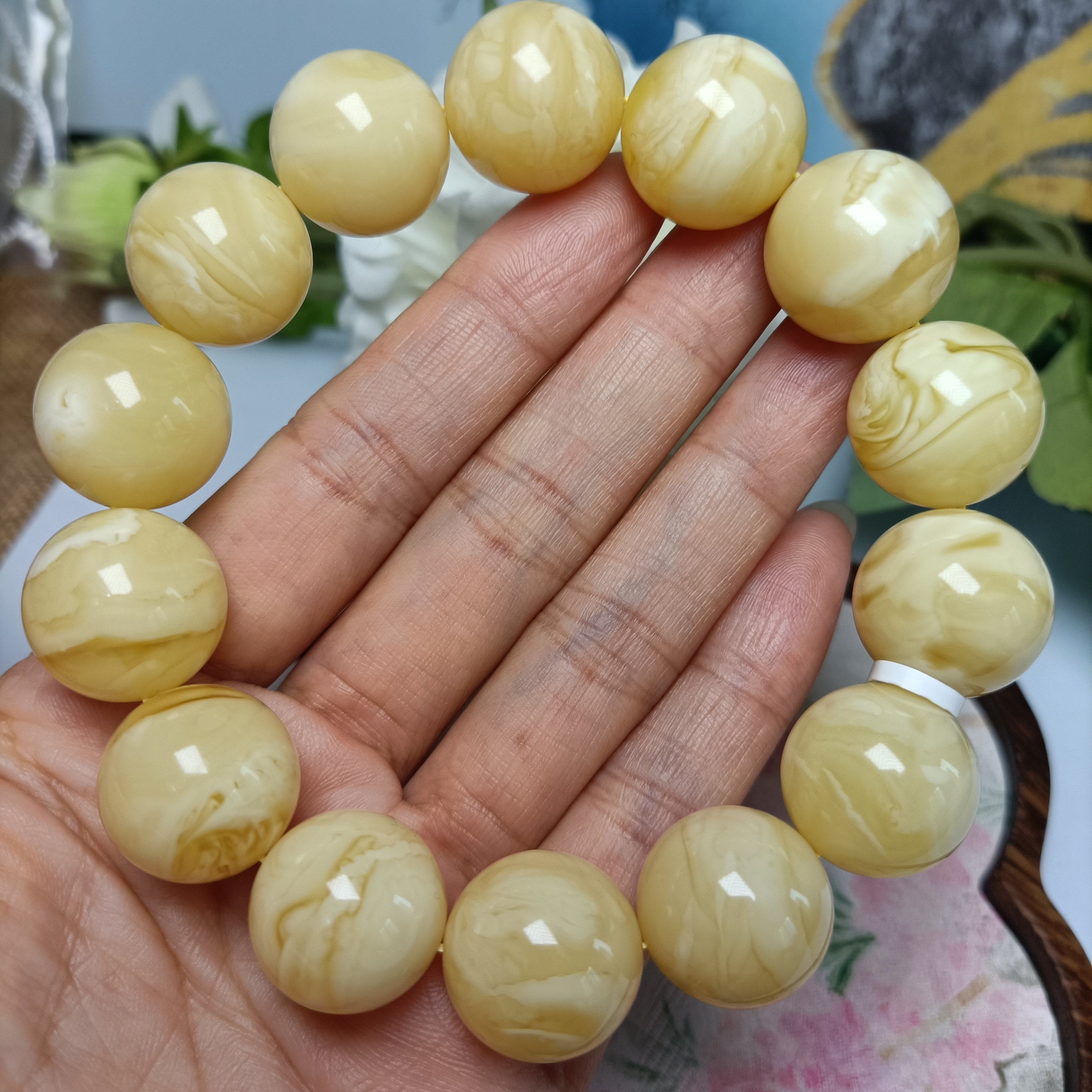 17+精品高货蜜蜡浓糯白妖花圆珠手串~收藏品质~原矿无忧化~4889