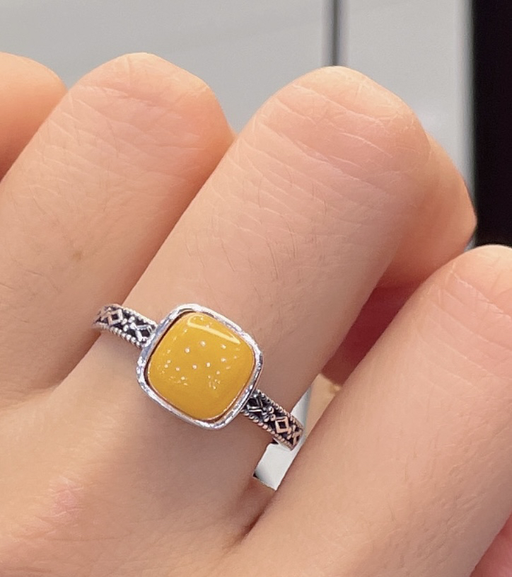 蜜蜡戒指银复古镂空蕾丝花纹方糖蜜蜡戒指