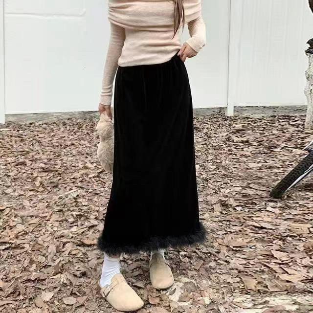 秋冬大码新款602-1高腰半身裙子开衩中长裙a字直筒裙