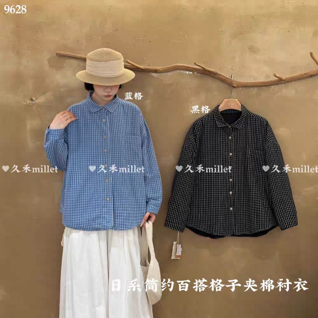 久禾2025新款日系复古高级感格子夹棉衬衫简约百搭休闲宽松女