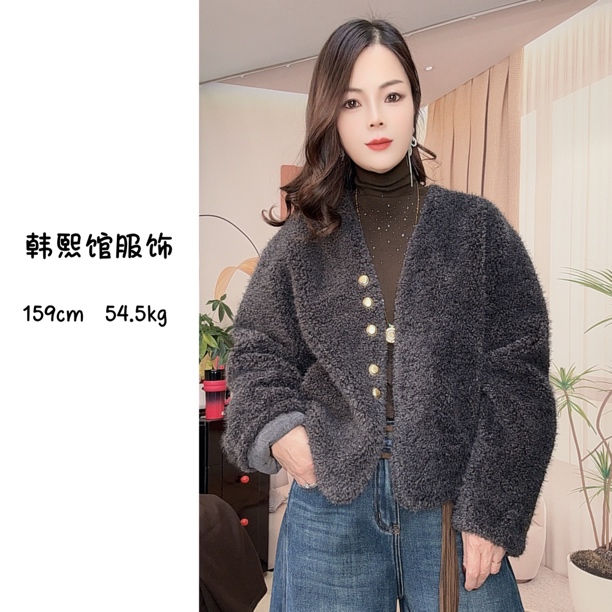 【韩熙家】冬季新款v领羊羔毛韩版羊剪绒皮毛一体皮草外套女短款