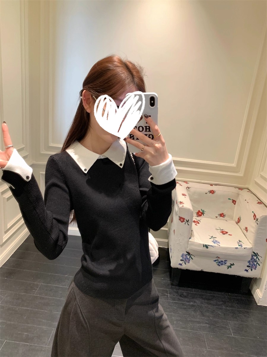 黑色Polo领假两件针织打底衫女秋冬修身短款毛衣内搭气质长袖上衣