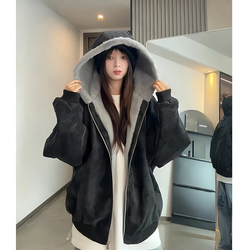 YUM言沐 座山雕连帽棉服1500G男女冬季加绒连帽皮衣潮牌情侣外套