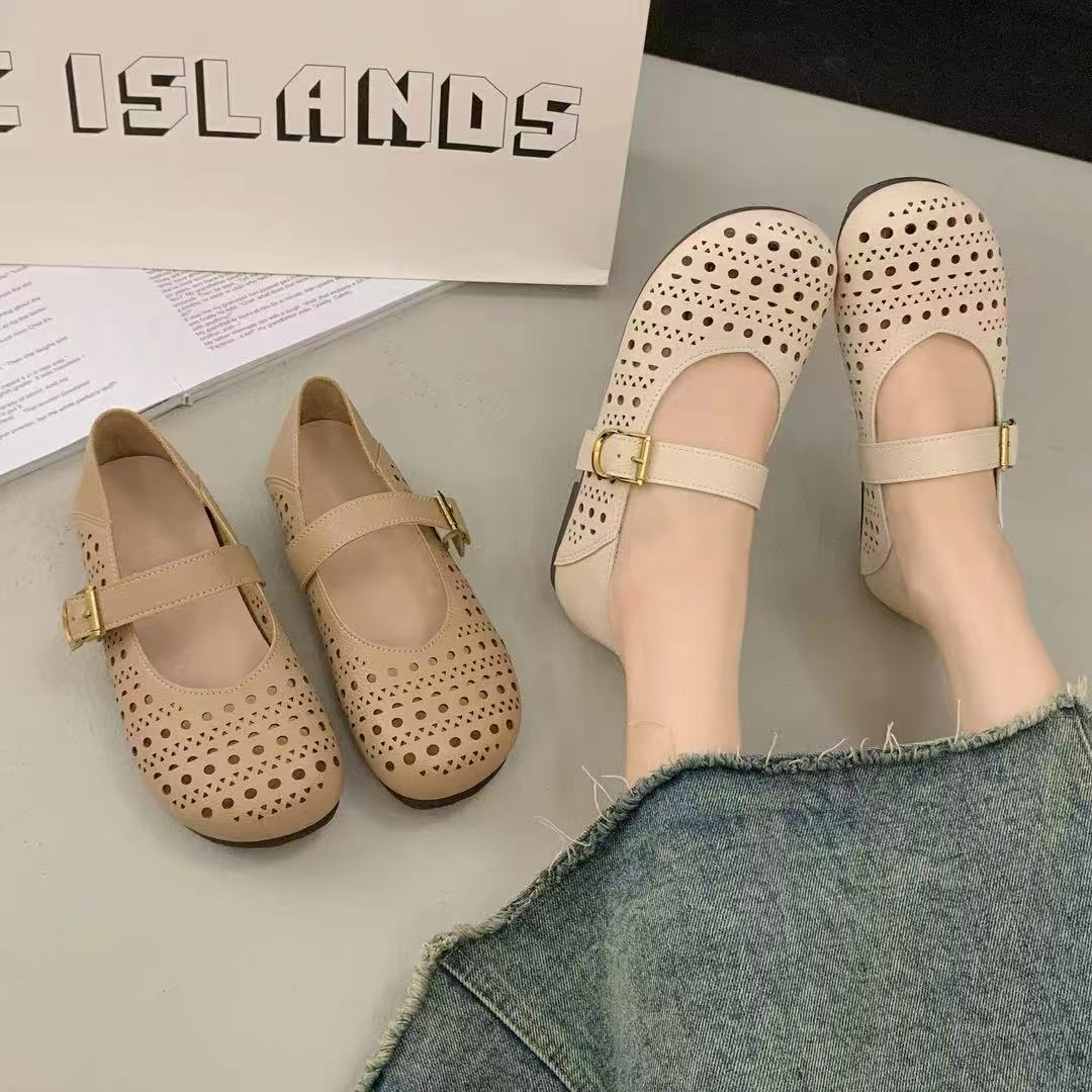 8037 A66时尚镂空包跟纯色舒适平底复古女圆头洞洞鞋女鞋单鞋