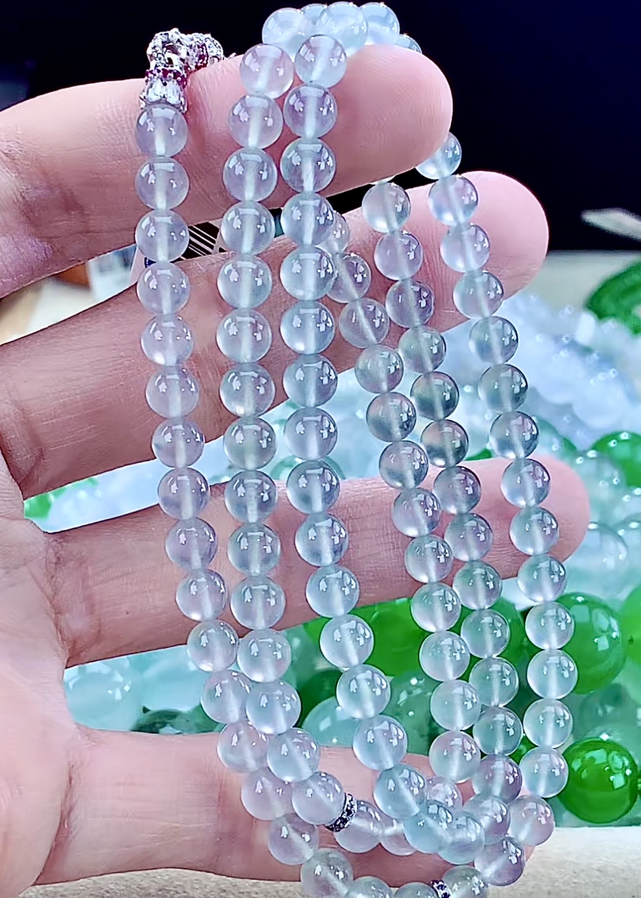 玻璃种透绳起刚光项链茅台白玻璃种天然缅甸A货翡翠珠链卡6 108颗