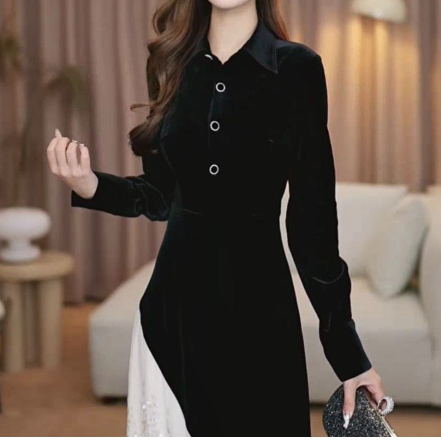 赫本风秋款法式时尚气质修身收腰鱼尾连衣裙-SW0498