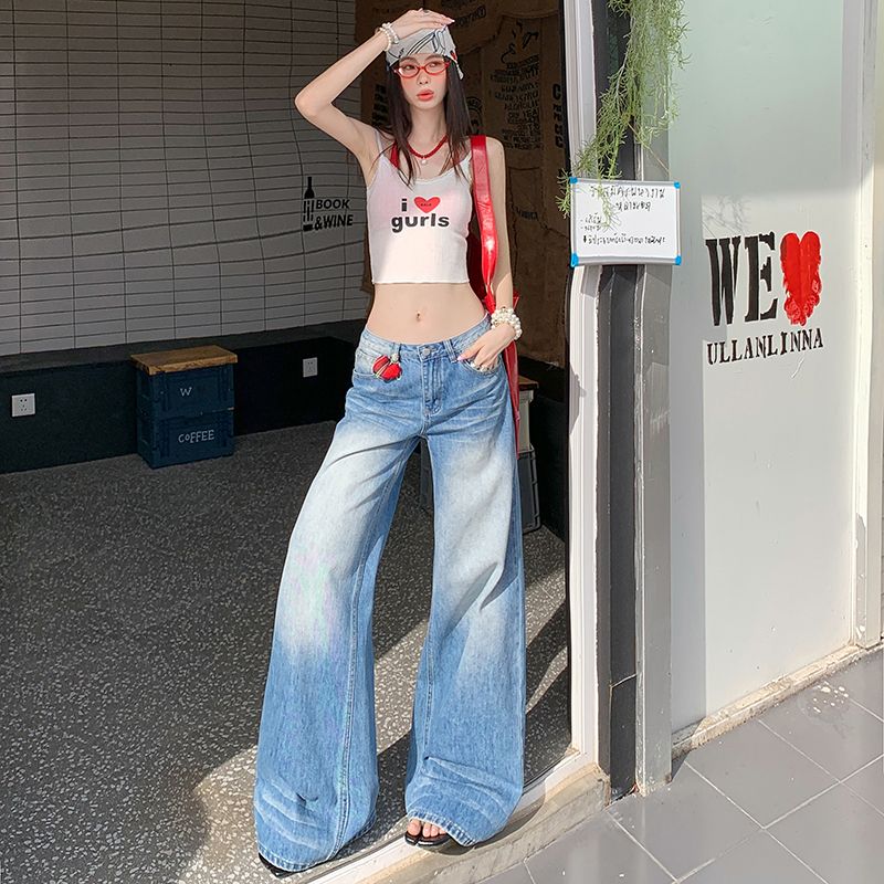 美式浅蓝阔腿牛仔裤女早秋新款高个子高腰宽松显瘦垂感拖地直筒裤