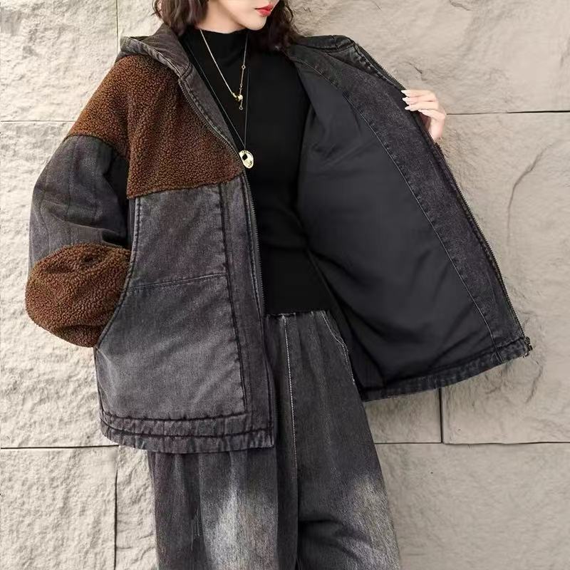 冬季新复古拼色牛仔炒色棉衣女宽松显瘦保暖加厚棉服女棉袄