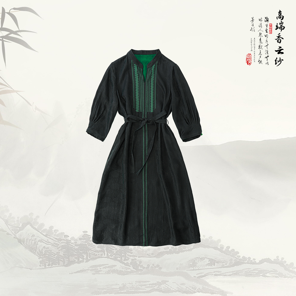 【周年庆】品牌新款香云纱高端气质立领宽松显瘦系带连衣裙529249