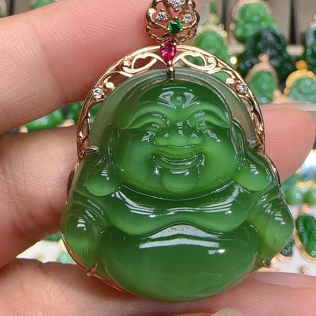 和田玉（碧玉）吊坠(不含链)18K金镶嵌